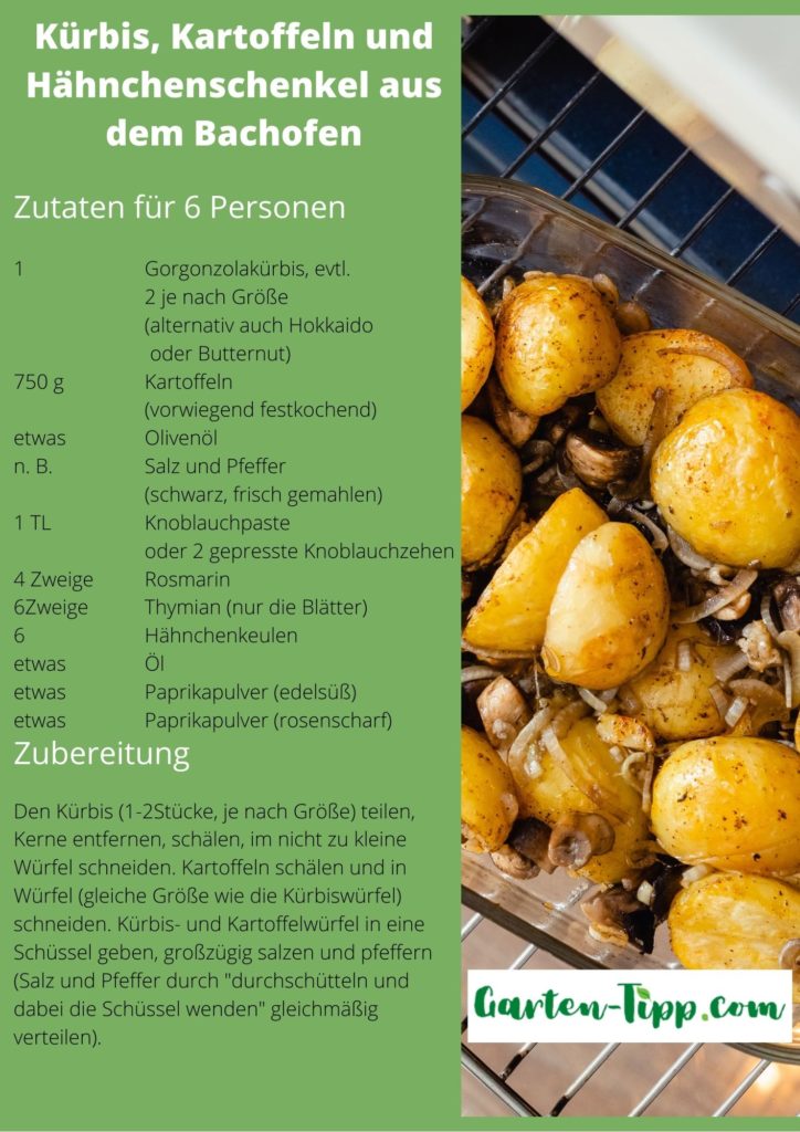 Kürbis, Kartoffeln und Hähnchenschenkel aus dem Backofen