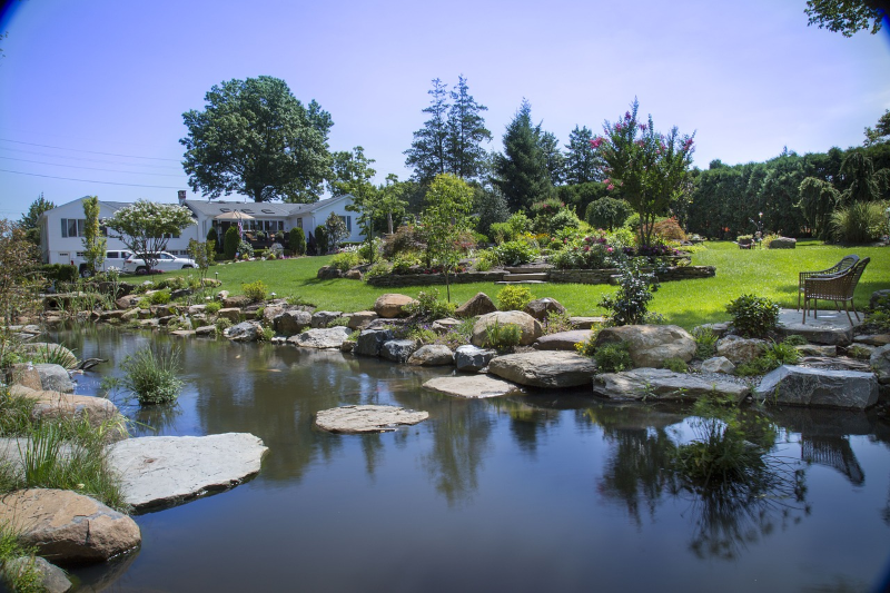Ein Teich mit einem Steinpfad und Steinen als Dekoration